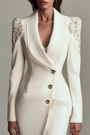 Robe de travail en satin à revers châle ivoire à manches longues